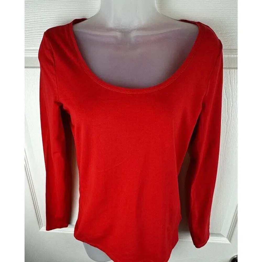 H&M Scooped Neck Top Long Sleeves Red M Casual Minimalist 50-08 - Picture 4 of 15